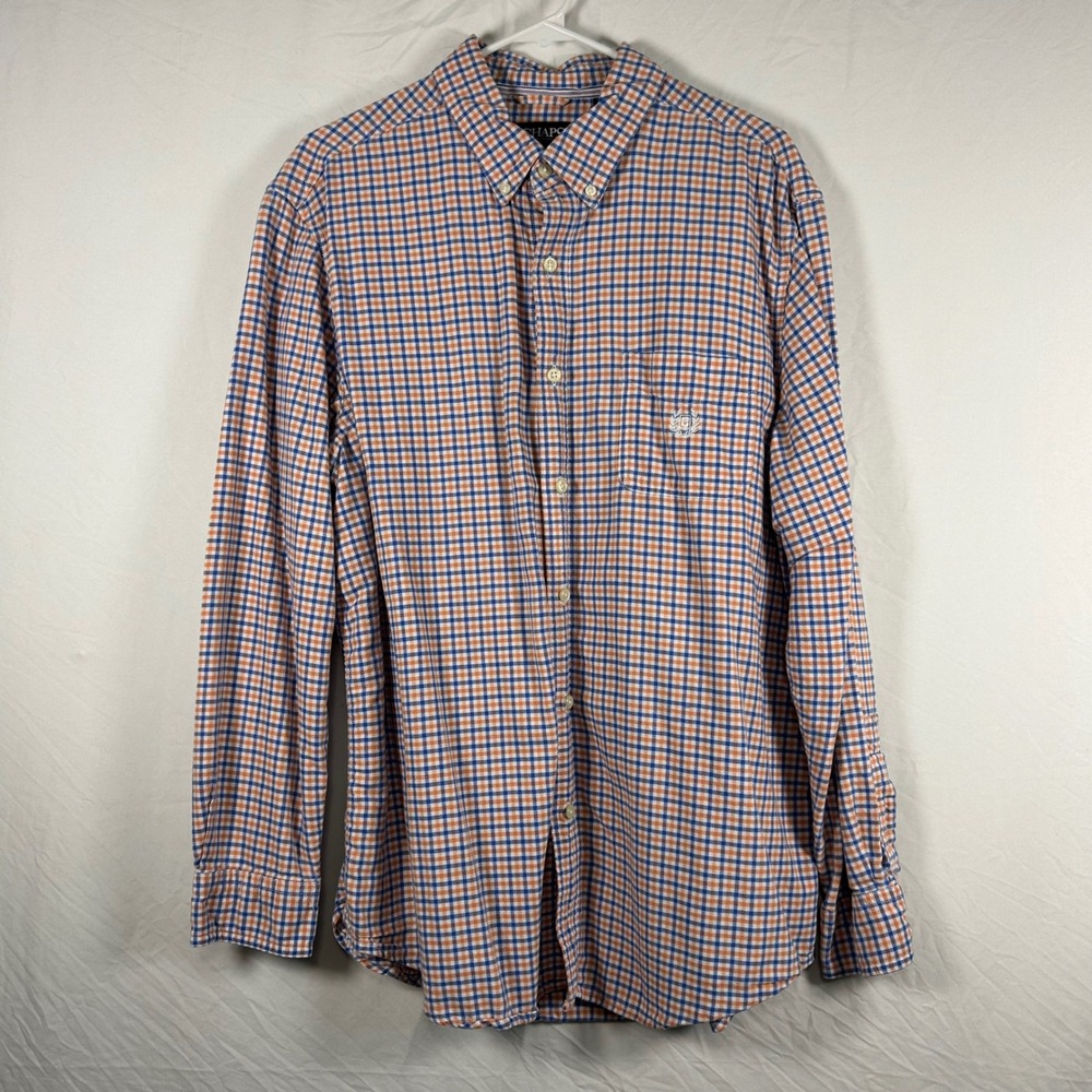 Chaps Mens XL Orange Blue Gingham‎ Plaid Button Down Shirt Long Sleeve Cotton